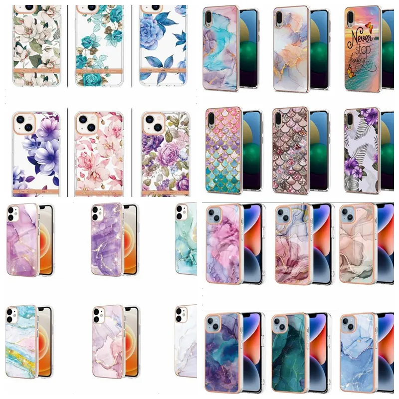 32Designs Fashion Flower Marble Soft IMD TPU Chromé Étuis pour iPhone 15 Pro Max 14 Plus 13 12 11 Samsung S23 FE A24 Ocean Bling Scale Placage Granite Stone Cover