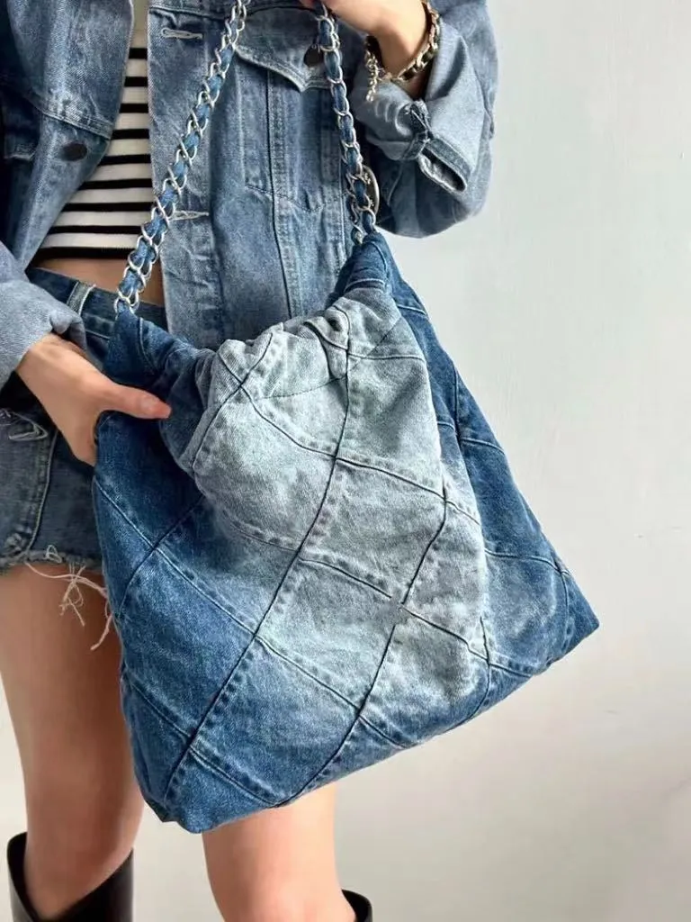 CC Designer Denim Handbag: Blue Denim Flap Saddle Bag, Crossbody