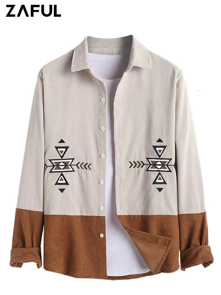 Mens Silk Dress Shirts Long Sleeve Corduroy Ethnic Geometric