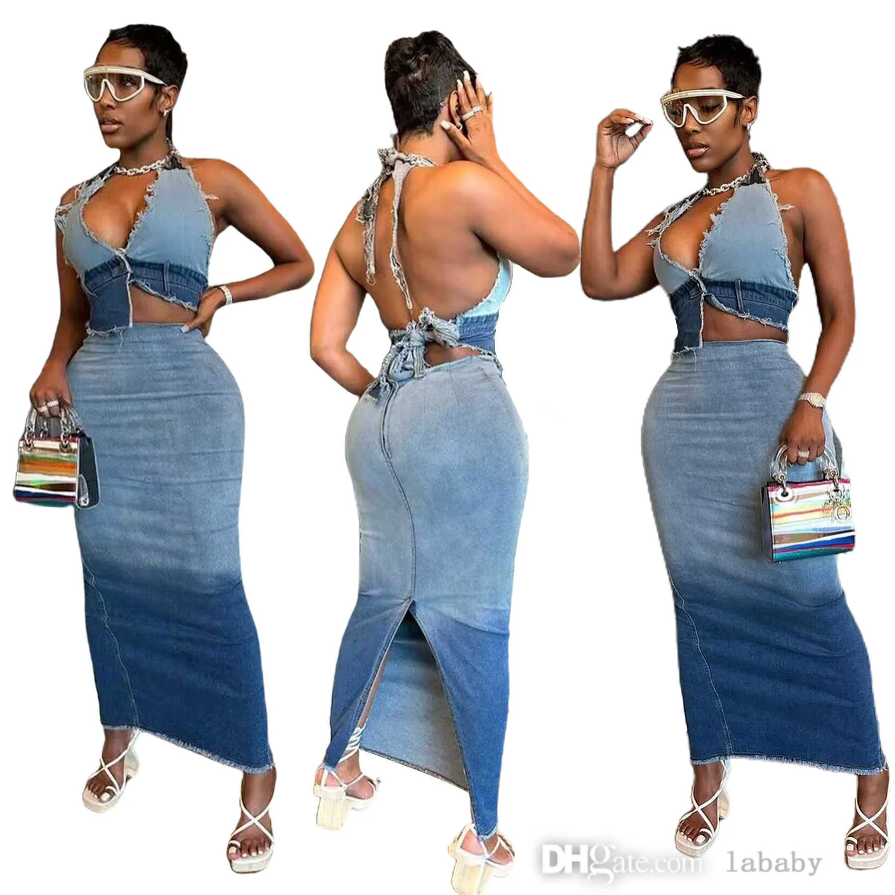 2023 Moda Vintage Denim Dois Conjunto de vestido de 2 peças Roupas femininas Gradiente Bodycon Midi Maxi Conjuntos de saia longa e Bowknot Back Crop Top 2pcs Jeans Ternos casuais