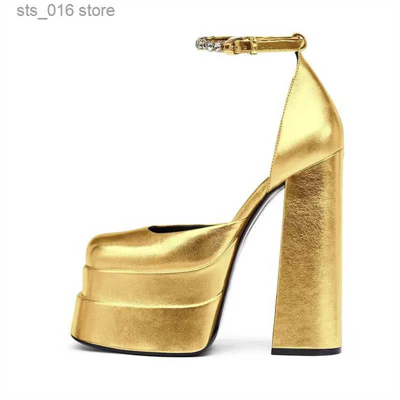 Plattformklänning Rhinestone Two-Double Ankle Strap Prom Stylish Gold Sier Women Pumps fyrkantiga tå tjocka bottenskor T23082 A5DD