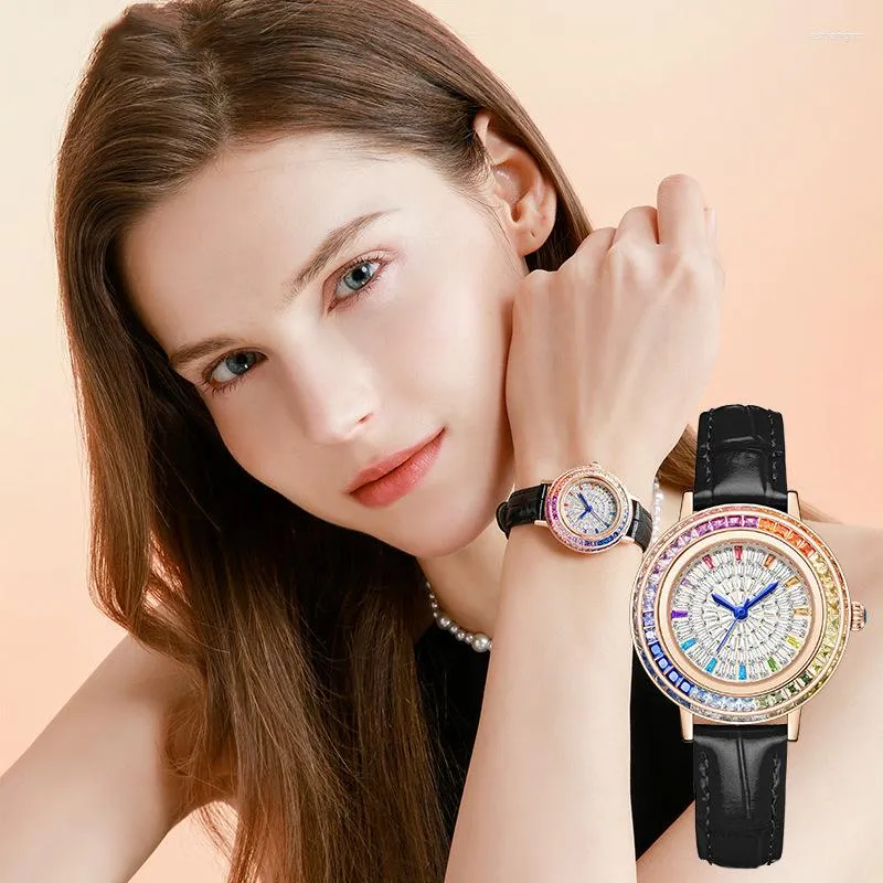 Relógios de pulso uthai w38 moda feminina relógio de quartzo marca todo o céu estrela couro luz luxo diamante jóias cristal relógios femininos presente