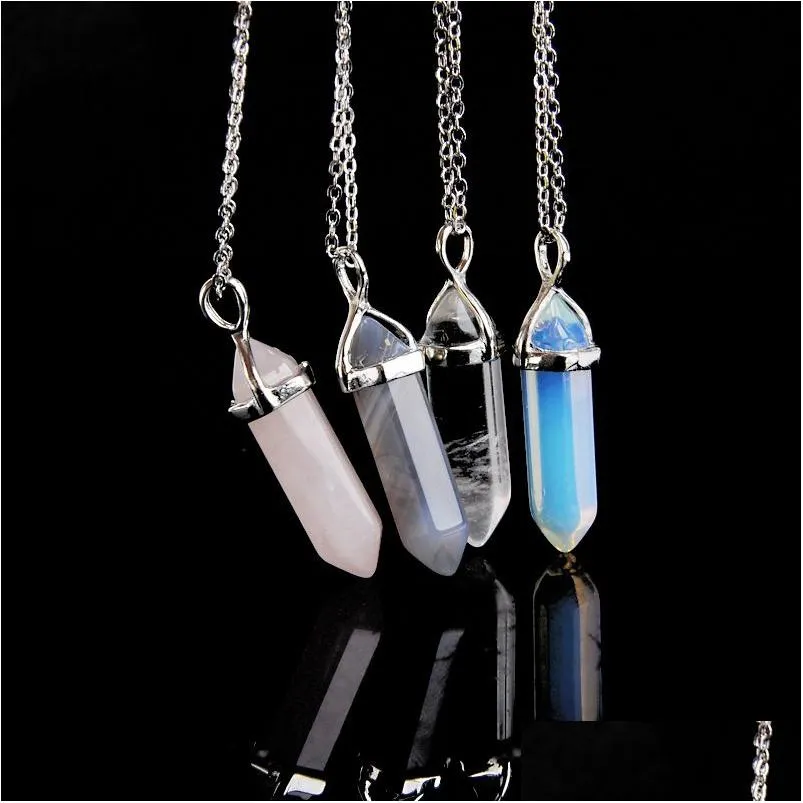 Pendentif Colliers Hexagonal Pointu Reiki Pierres Naturelles Turquoise Rose Quartz Pilier Charms Collier Pour Femmes Hommes Cadeau Accessoires D Dhbtz