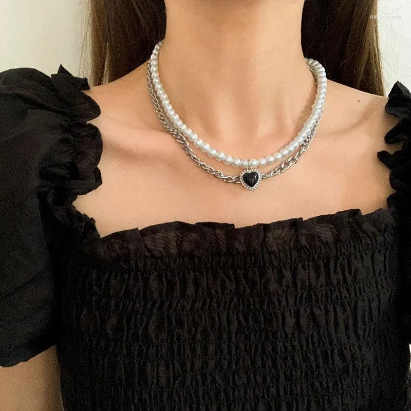 Collane con ciondolo Collana vintage per donna Nero Cuore d'amore Catena al collo Choker 2 strati Regalo per ragazze DIECI_voghion.com