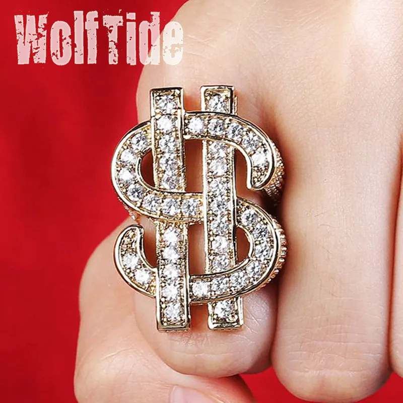 Hip Hop US Dollar Money Sign Finger Ring Band New Fashion Top Quality 18K Gold Plated Mens Iced Out CZ Zirconia Full Diamond Rapper Punk Fine Rapper Jewelry Gifts for Men