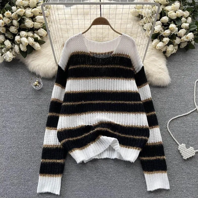 Maglioni da donna Autunno e inverno a righe sciolte vento pigro Set testa morbida bump colore maglione lavorato a maglia sottile