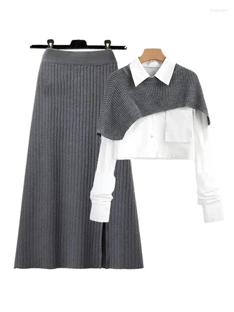 Women's Jackets Spring Autumn Large Size Shawl Shirt Three-piece Set High Waist Knitting Half-body Skirt Women Fashion 3 Piece