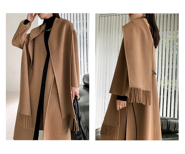 Elegant Scarf Collar Wool Coat - Double-Sided Lace-Up Mid