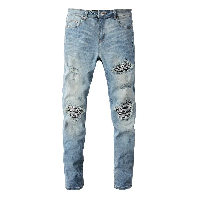 Mens Jeans nödställda denim Mustasch Ribs Patchwork Slim Fit Damaged Holes Stretch Ripped 230828