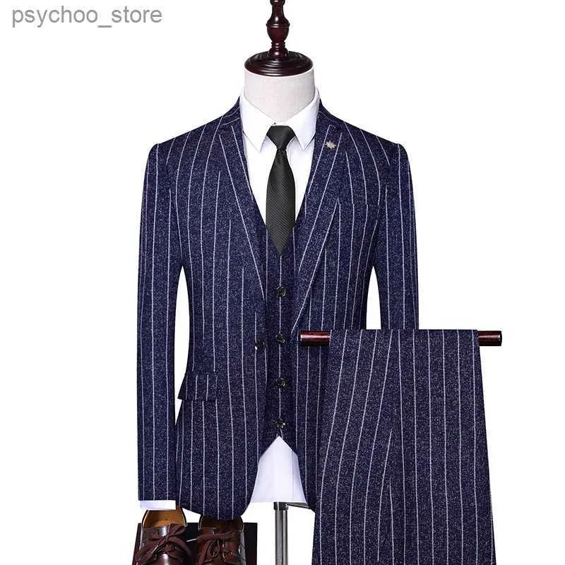 Haute qualité (costume + gilet + pantalon) costume de gentleman à rayures verticales à bouton unique, costume coréen, costume trois pièces Q230828