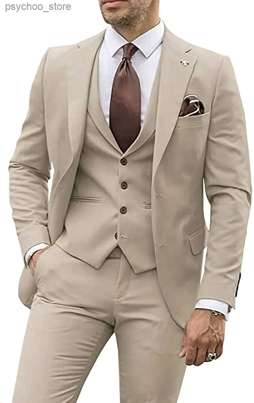 男性がスーツを着るスリムフィットカジュアルグルームメンアーミーグリーンシャンパンラペルビジネスタキシードフォーマルウェディング（ブレイザー+パンツ+ベスト）Q230828