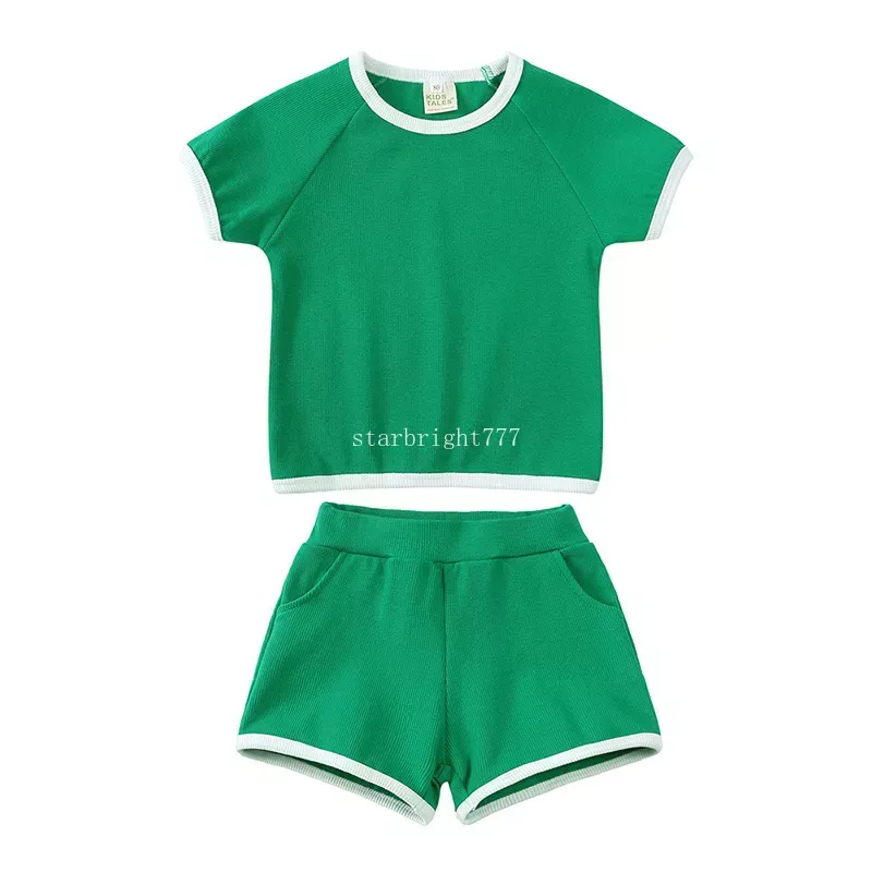 Summer Baby Boys Girls Soft Short Ribbed Clothing Sets Short-Sleeved Shorts Pants Cotton 5 Solid Colors Two Pieces Plain Outfits Kids Short Clothes