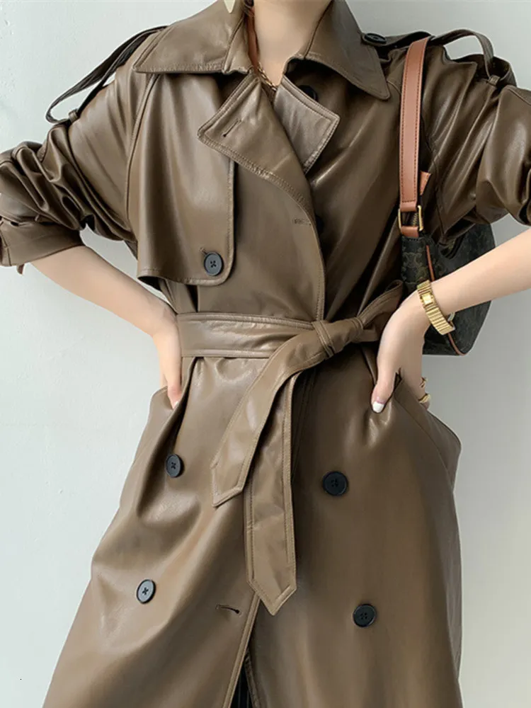 Casual PU-pak trenchcoat dames imitatieleren lange jas Casual PU-pak trenchcoat dames imitatieleren lange jas