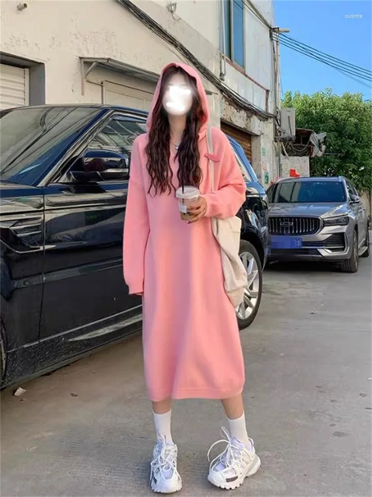 Women's Sweaters Hsa Women Long Sleeve Pink Hooded Knitted Dress Ankle Length Winter Linning Oversized Loose Straight Chic Vestidos