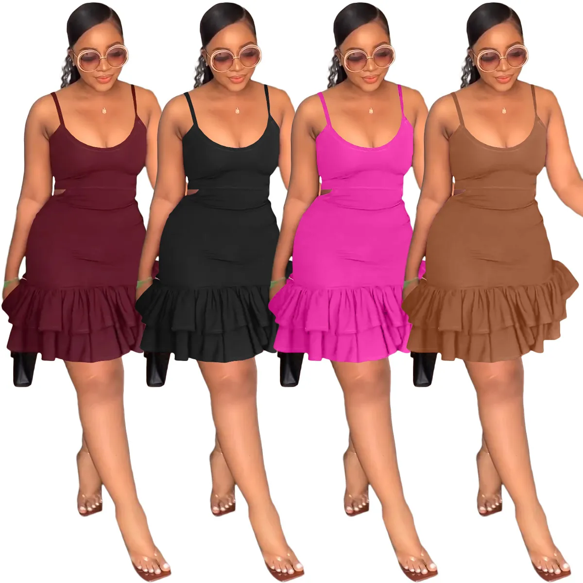 Abiti slip sexy da donna scollo rotondo Hallow Out Ruffle Mini Dress Club Wear Spedizione gratuita