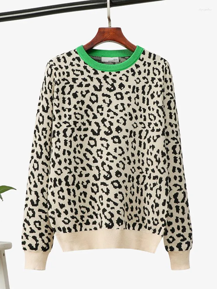 Kvinnors tröjor för kvinnor 2023 mode koreansk höst vinter långärmad topp leopard tryckt tröjor jumper vintage stickad