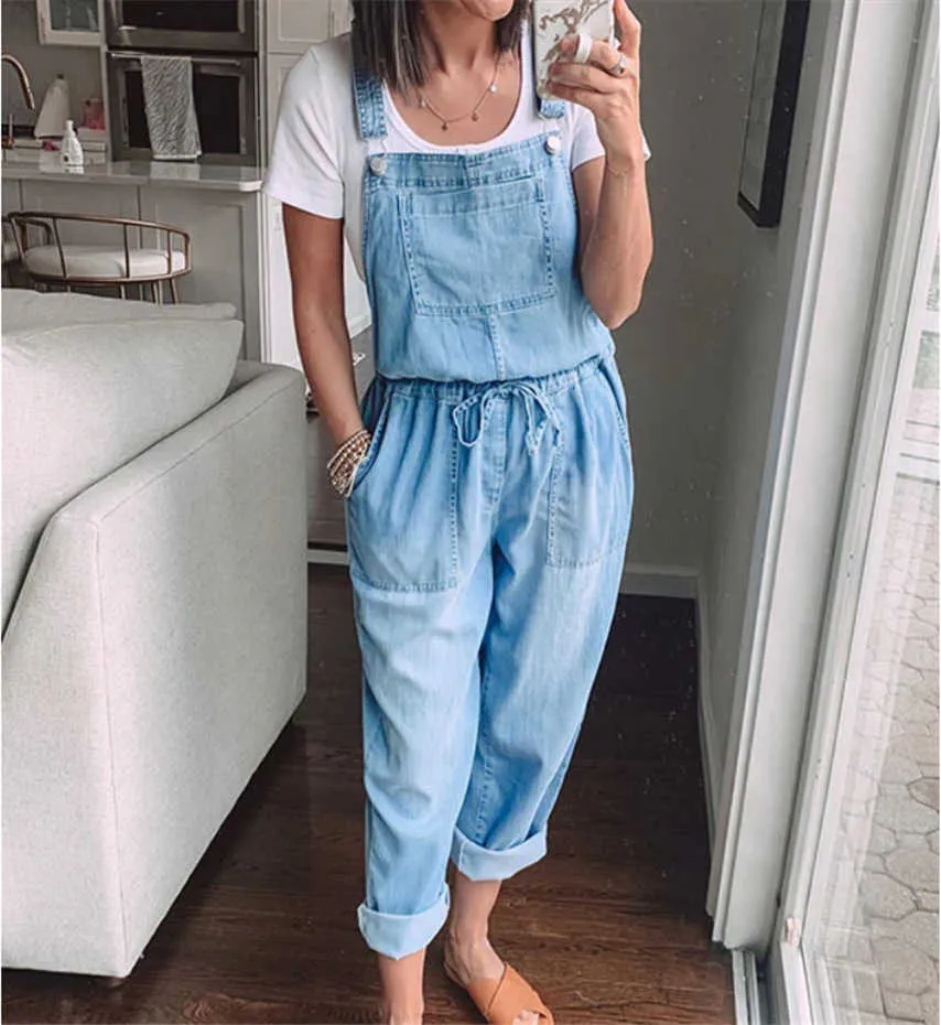 Women's Jumpsuits Rompers Women's denim jumpsuit lace thin loose casual elastic waist full set solid color spring and autumn wide leg men's tight fitting suit T230825