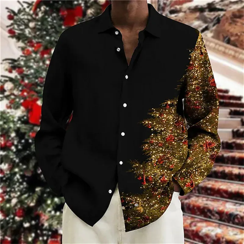 Chemises habillées pour hommes Chemise de Noël Arbre de Noël doré Impression 3D Chemise à manches longues de Noël Chemise de fête de vacances Chemise de mode pour hommes 6XL 230828