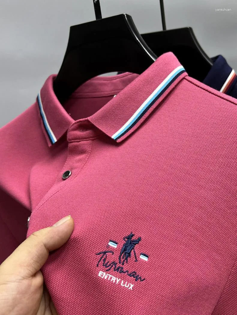 Polos pour hommes Polo en coton à manches longues avec des couleurs contrastées broderie exquise T-shirt décontracté d'affaires