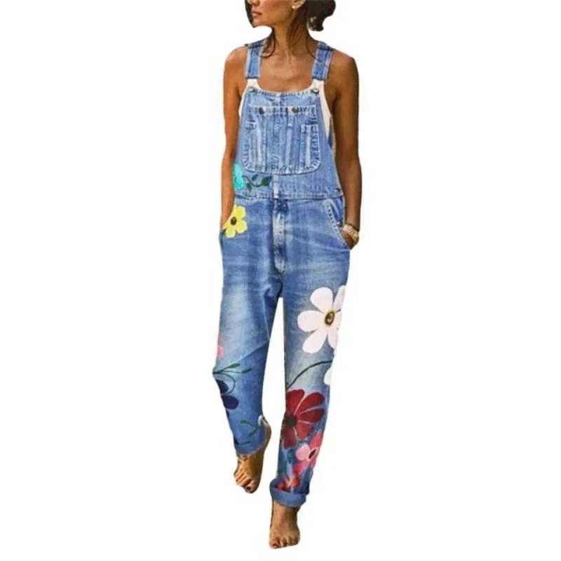 Women's Jumpsuits Rompers One Piece Denim Jumpsuit for Women Vintage Sleeveless Spaghetti Strap Floral Print Jeans Overalls Ladies Casual Jean Bodysuits T230825