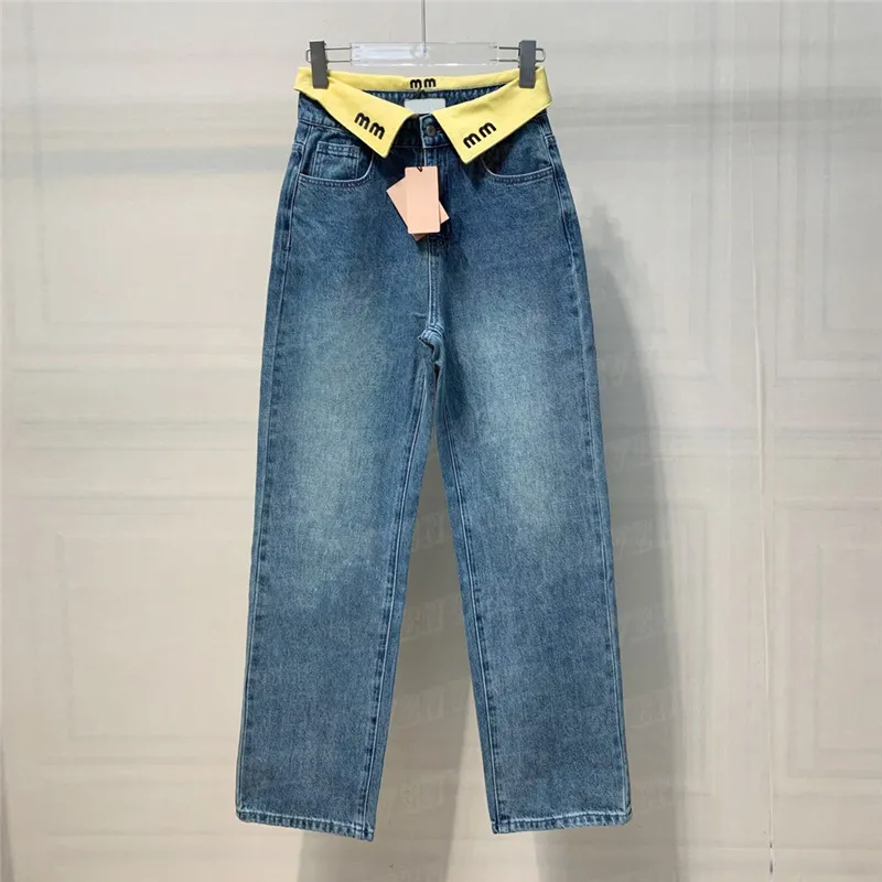 Jeans pour femmes avec revers et lettres brodées, pantalons de styliste de haute qualité pour dames, taille Design, jambe droite