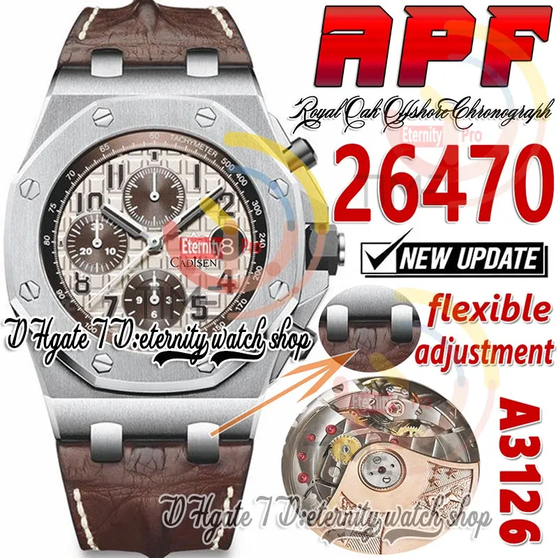 APF 42 mm 2647 A3126 Automatik-Chronograph-Herrenuhr, gebürstete, polierte Lünette, elfenbeinweißes, strukturiertes Zifferblatt, Super Edition Eternity-Uhrenarmband, exklusive Technologie