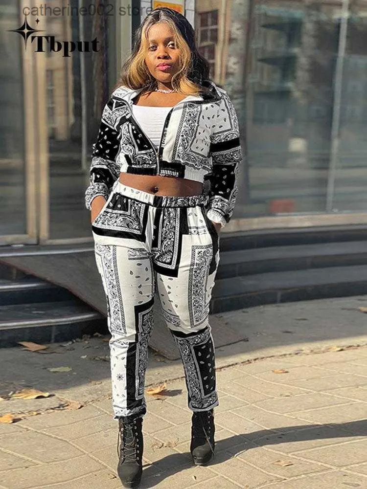 Kvinnors tvådelade byxor Fashion Printed Pencil Pants Set for Women's Sports Zipper Lapel Cut Top midjebyxor Set för Spring High Shoulder Straps Tracksuit T230828