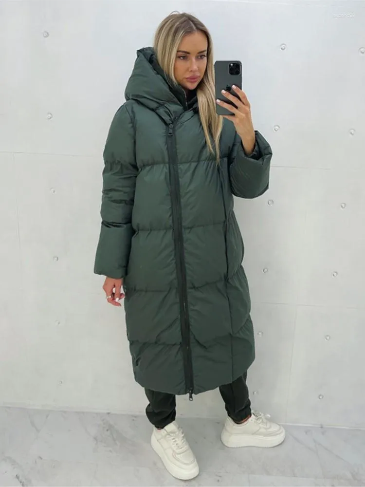 Women's Trench Coats Winter Zipper Big Hat Loose Long Solid Parkas Women Fashion Cocoon Type Elegant Hooded Cotton Padded Jackets