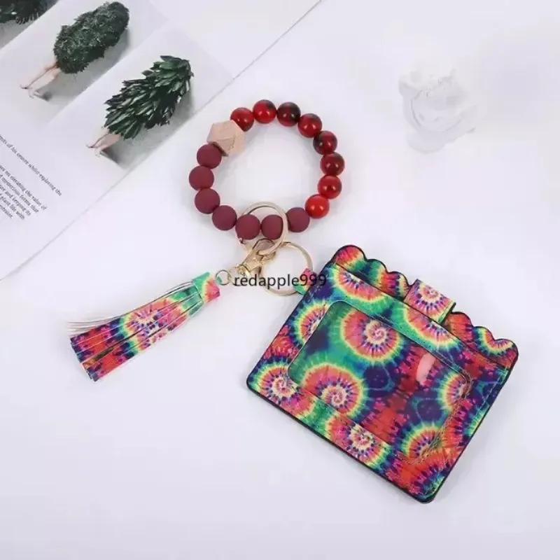 Fashion PU Leather Bracelet Wallet Keychain Party Bangle Key Ring Holder Card Bag Silicone Beaded Wristlet Handbag Women Wrist Car Rings with Tassel