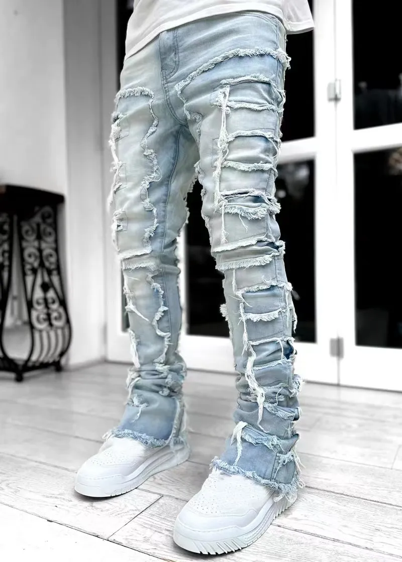Designer Mens Embroidered Patchwork Ripped Mens Stacked
