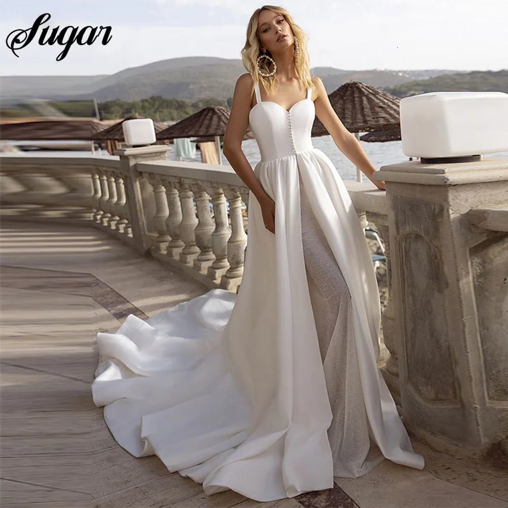 Robes sexy urbaines princesse 2 en 1 plage de mariage brillant ch rie satin tulle robes de soir e une ligne Boho Robe De Mariee sur mesure 230828