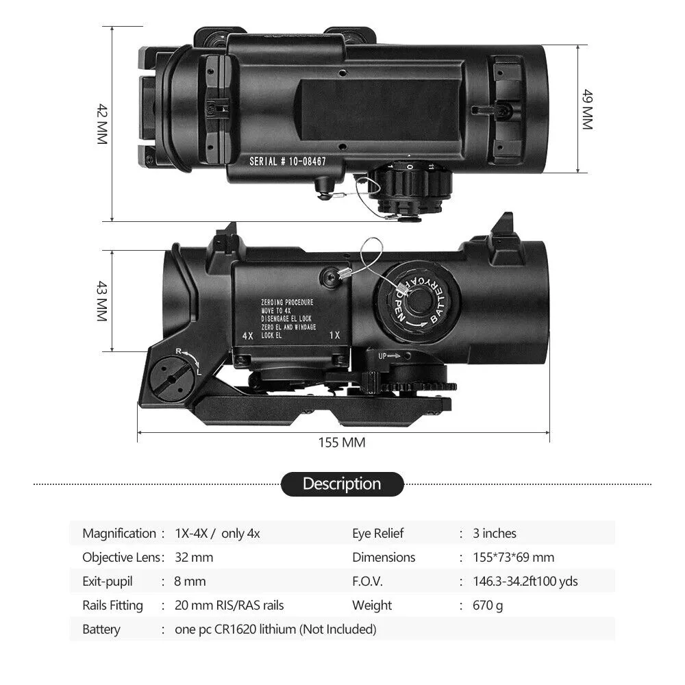 RITAC OPTICS ELCAN SPECTER DR SU-230 Tactical Rifle Scope 1x-4x Fixed Dual Purpose Scope Red illuminated Red Dot Sight for Rifle Hunting Shooting with Rubber Covers