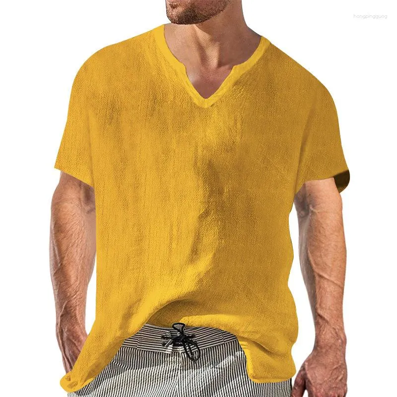 Camisas casuais masculinas 2023 verão algodão camisa de linho tops com decote em v manga curta negócios branco preto amarelo homem top camisa