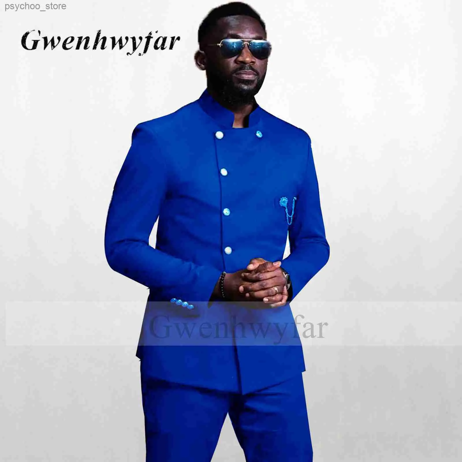 Gwenhwyfar Estilo africano Masculino Royal Blue Tuxedos para la boda Ven a los padrinos de boda Best Man Slim Fit Blazer de doble botonadura Pantalones Q230828