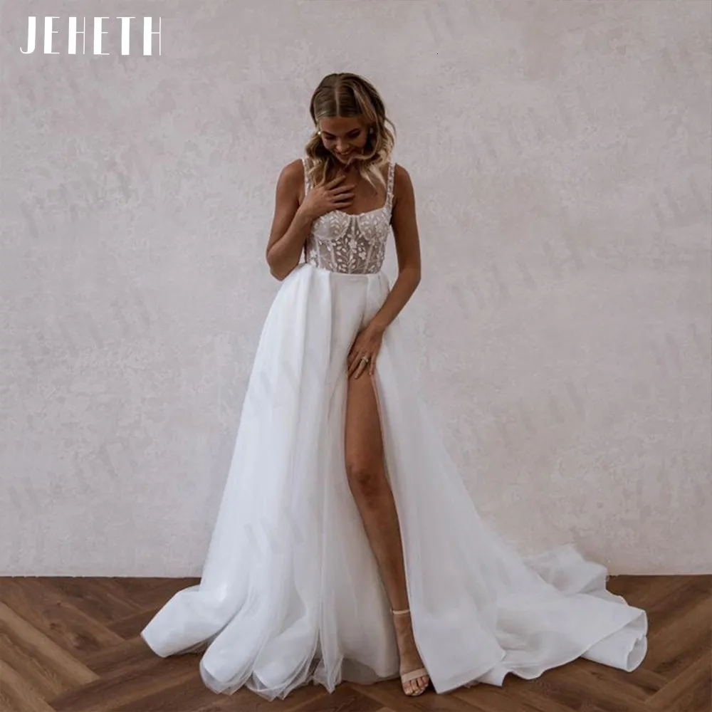 Vestidos sexy urbanos jeheth praia elegante casamento divisão sem costas rendas apliques vestido de noiva pescoço quadrado boho cintas de espaguete 230828