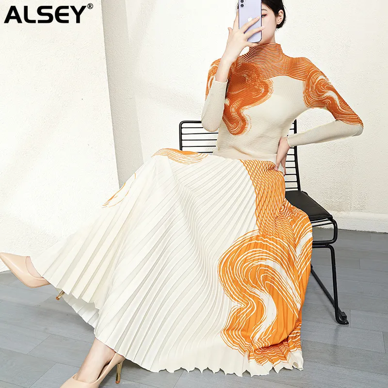 Robe de deux pièces ALSEY Miyake Top plissé Femmes Vêtements de style chinois pour Courbe imprimée Jupe Costume Printemps Automne 230826