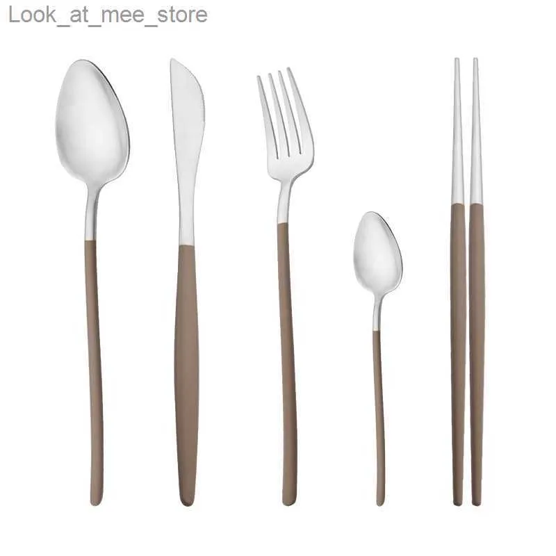 5Pcs Beige Gold 304 Stainless Steel Flatrware Knife Fork Spoon