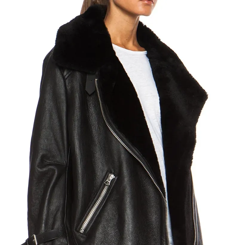 Femmes de luxe 100% vraie veste de fourrure hiver chaude véritable manteau de shearling en cuir en laine épaisse en cuir en laine épaisse