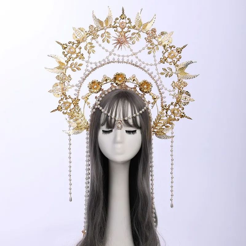 Sun Goddess Angel KC Halo Crown Headpiece Gold Anna Baroque Pearl Tiarabledge Beadband Collection Lolita Associor