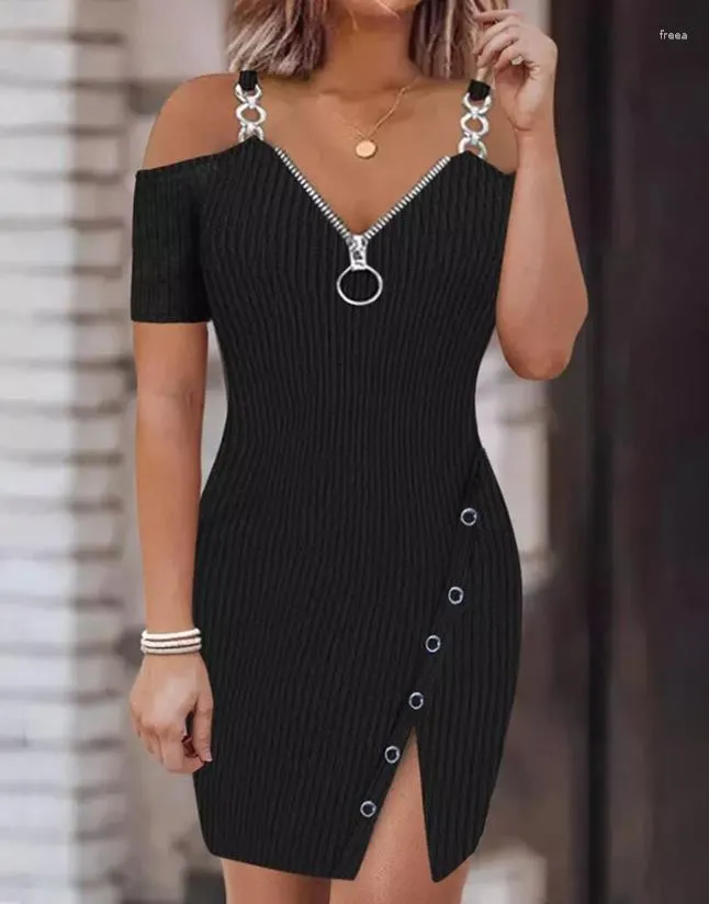 Casual Dresses Womens 2023 Summer Fashion Cold Shoulder Zipper Chain Decor Slit Plain Sheple Sleeve Skinny Daily Midi Dress