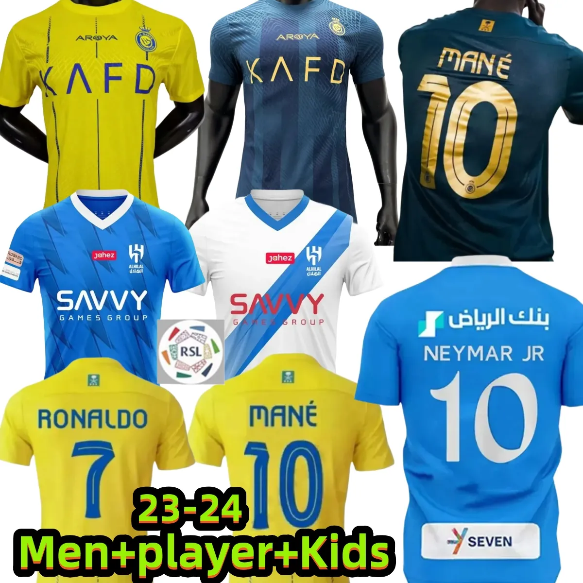 23 24 Al Nassr FC Ronaldo Soccer Jerseys Al Hilal Saudi Uniform Home Yellow Cr7 Boys Football Shiirt Neymar Jr 2023 2024 Saudi Arabia Men Kids Fans Версия игрока Джерси