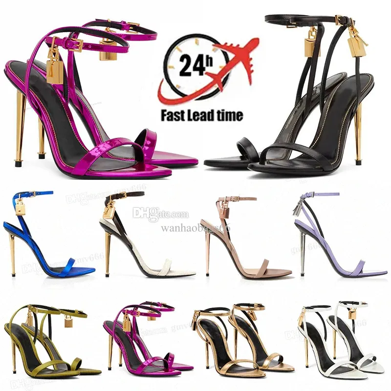 Designer femmes chaussures habillées marque élégante femmes cadenas pointu sandales nues chaussures de luxe noir vert orteils chaussures dame métal talon aiguille fête Eur35-43