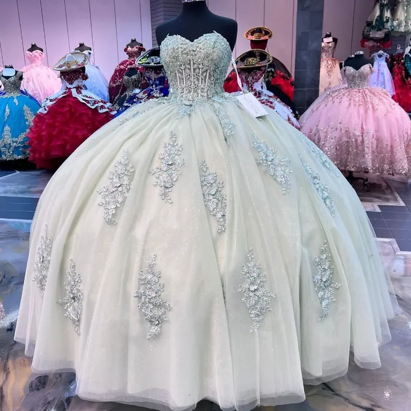 Sage Green Quinceanera Ball Gown Dress With Sweetheart Applique
