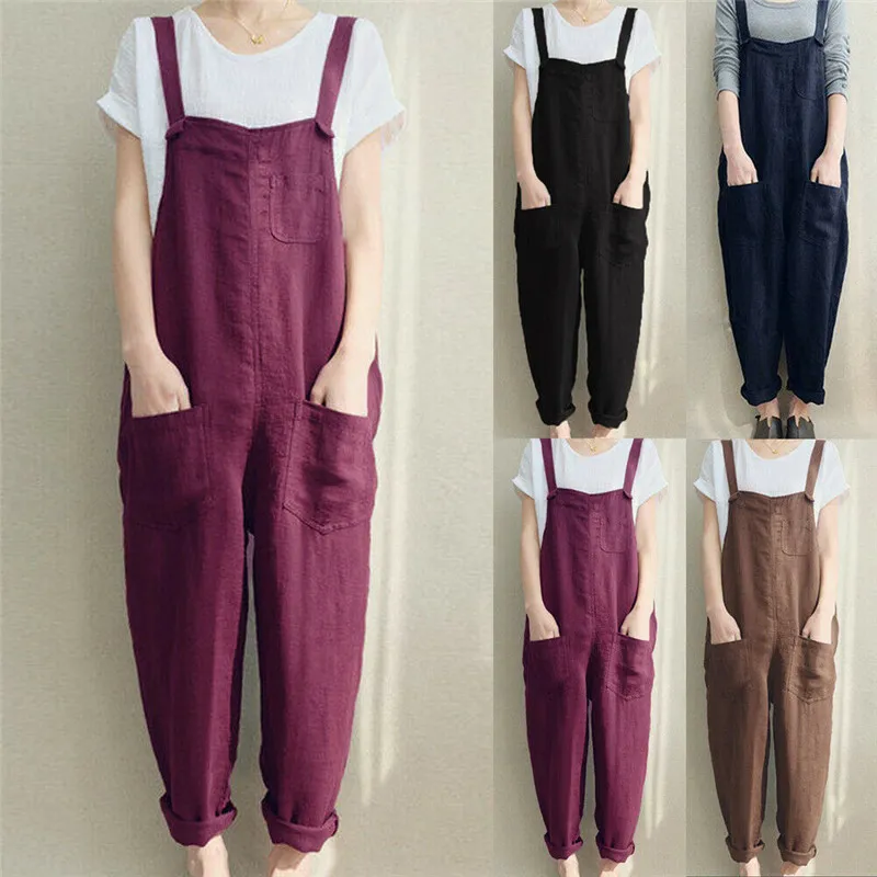 Kvinnors jumpsuits rompers 4xl kvinnors ärmlösa Dungarees Rompers Cotton Linne Jumpsuit Löst preppy stil byxor casual ficka övergripande spel 230828