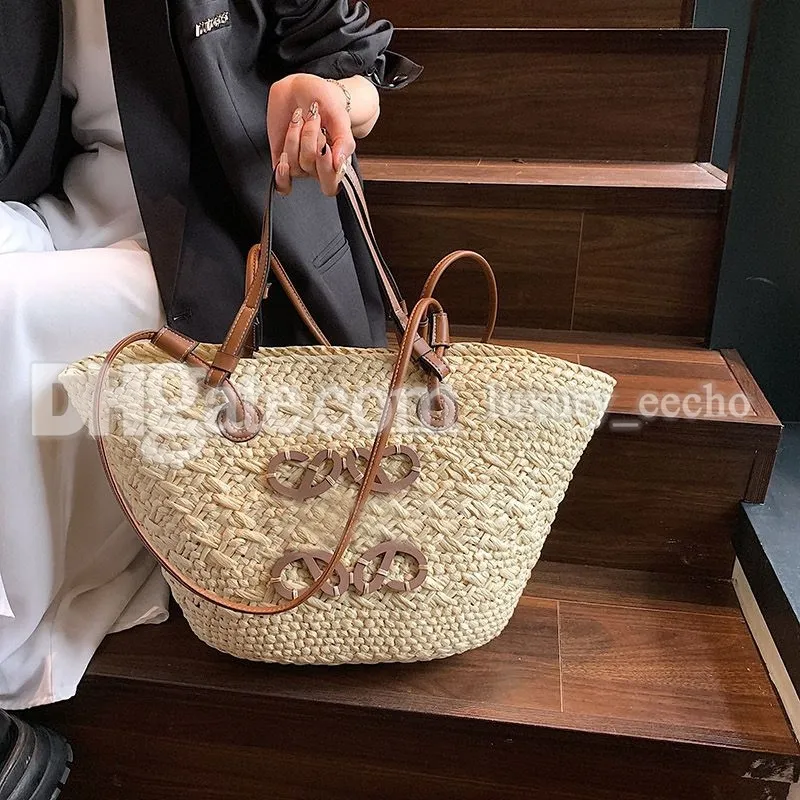 Grande videira feminina ombro designer marca palha trançado cesta saco grande alça de tecido artesanal bolsa verão praia sacos totes bolsa g2308285bf