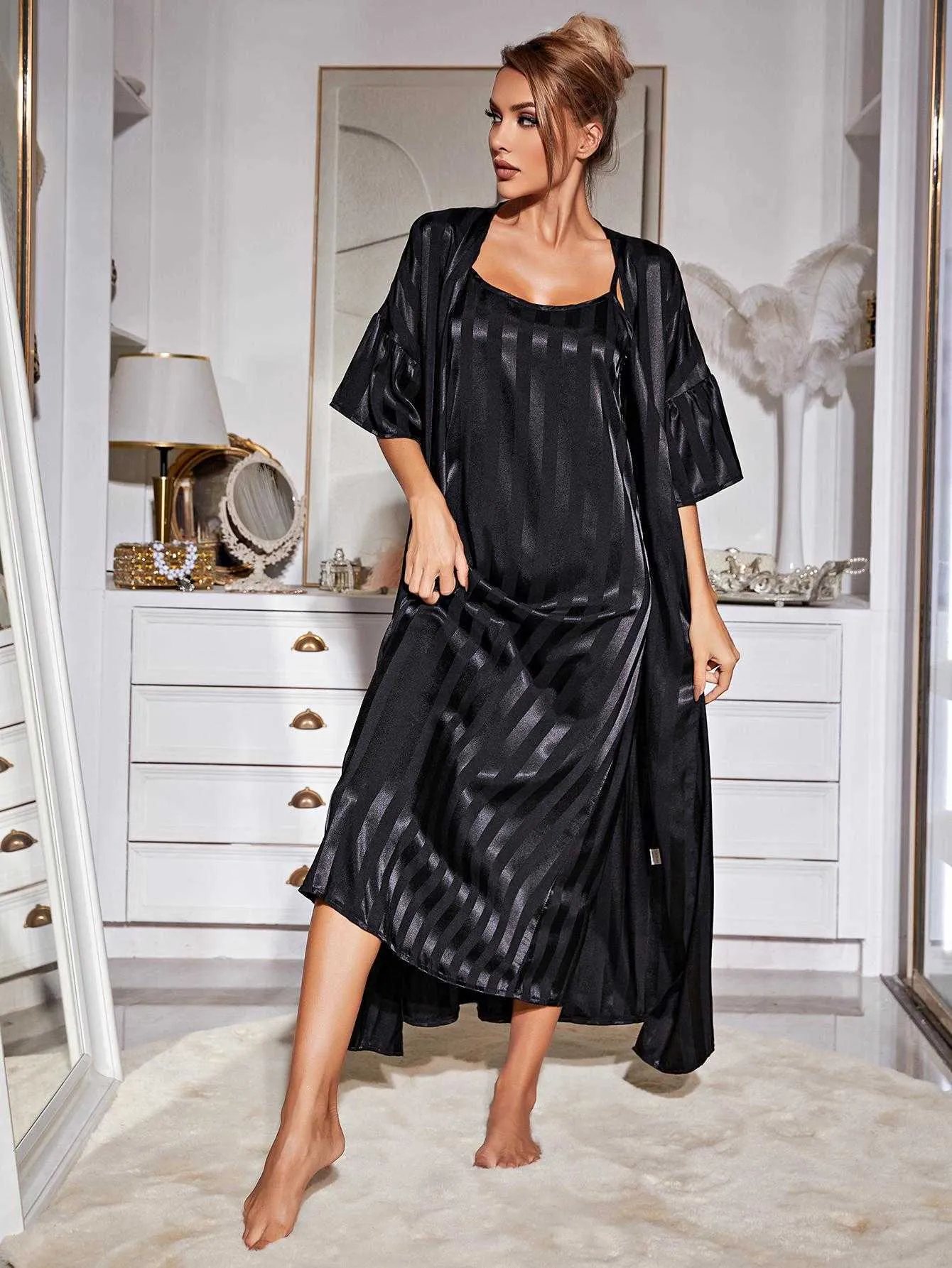 Luxury Strip Print Silk Womens Pajama Set With Sexy Sling Lounge Sleepwear Dress And Bathrobe Homewear For A Sexy Look R230828 From Us iowa 12.73 DHgate.Com Better Than Old Navy