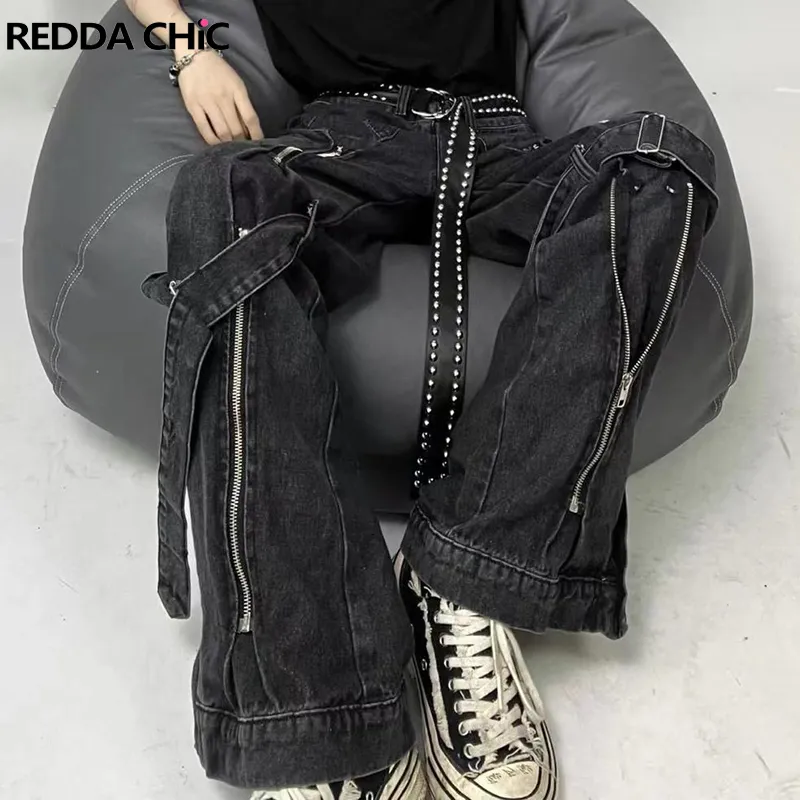 Womens Jeans ReddaChic Acubi Fashion Pants Black Women Baggy with Zipper Slit 2Strip Cyberpunk Y2k Grunge Goth Trousers Emo Streetwear 230828