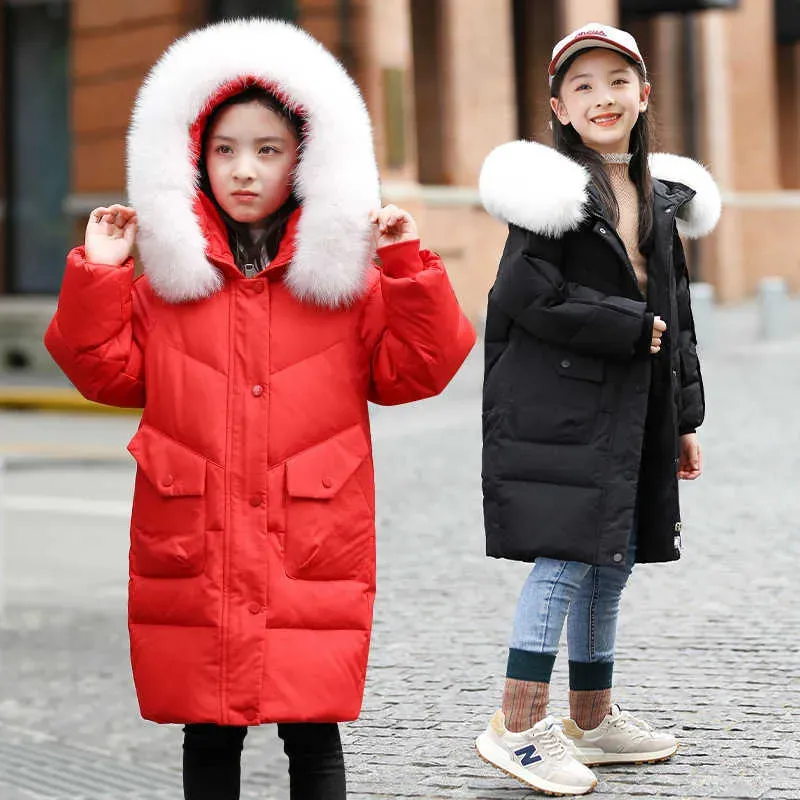 Beige Long Fur Collar Hooded Coat for Girls, Winter Thick Parkas Children  Zipper Down Jacket Clothes