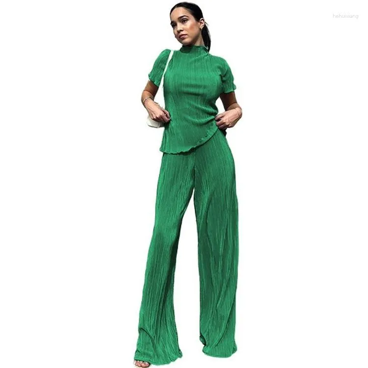 Pantalon deux pièces pour femmes, ensemble de couleur unie, T-shirt plissé drapé, jambes larges, vert, à la mode, pour filles