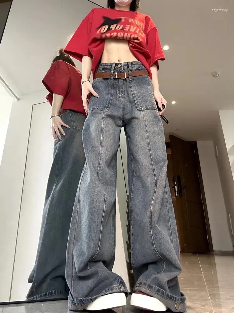 Women's Jeans Vintage Baggy For Women Korean Fashion High Waist Denim Trousers Female Y2k American Retro Hippie Wide Leg Pant Streetwear